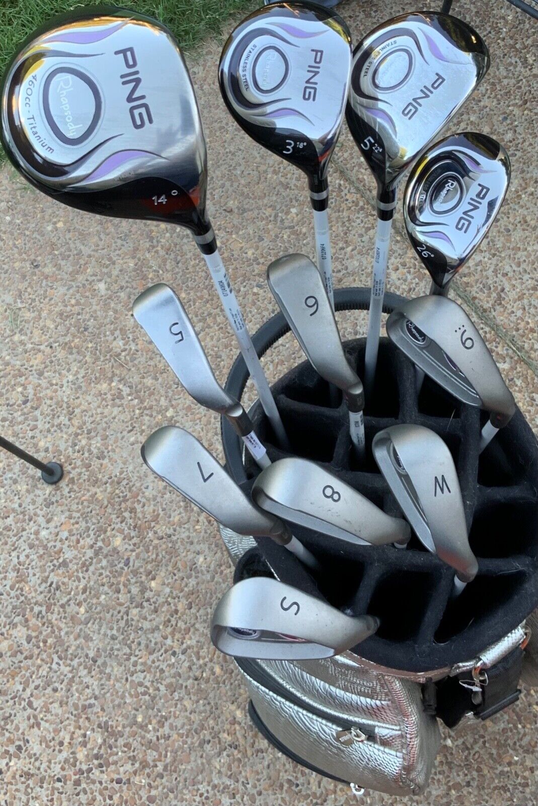 Ladies Ping Rhapsody Set-1,3,5 woods, 26* Hybrid, 5-PW,SW Irons SEE PICS Wow used, new for sale 